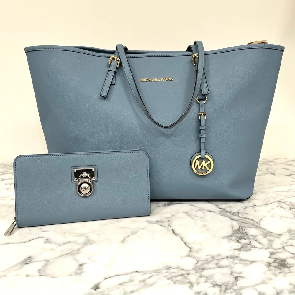 Michael Kors Jet Set Travel Tote Surf Blue Matching Hamilton Wallet